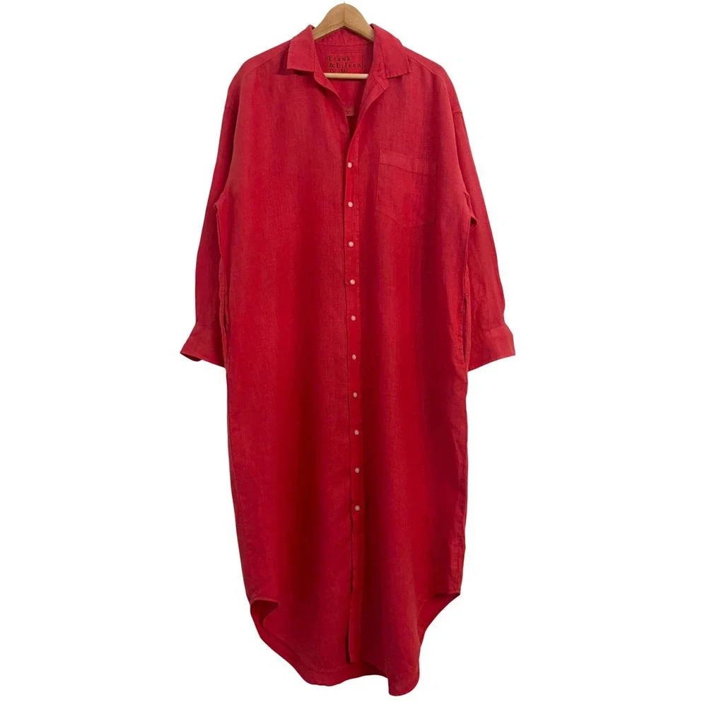 Frank & Eileen Megan Maxi Shirtdress OS Washed Linen Summer Red Button Americana - Picture 2 of 12